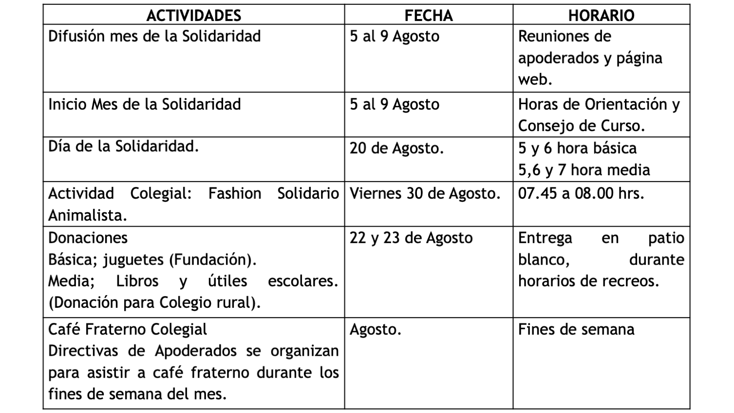 Cronograma Mes de la Solidaridad